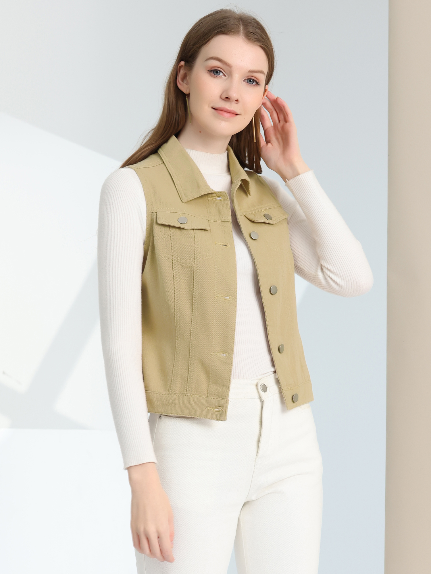 DARING DIVA Women's Denim Sleeveless Flap Pockets Vest Jacket L Light Khaki