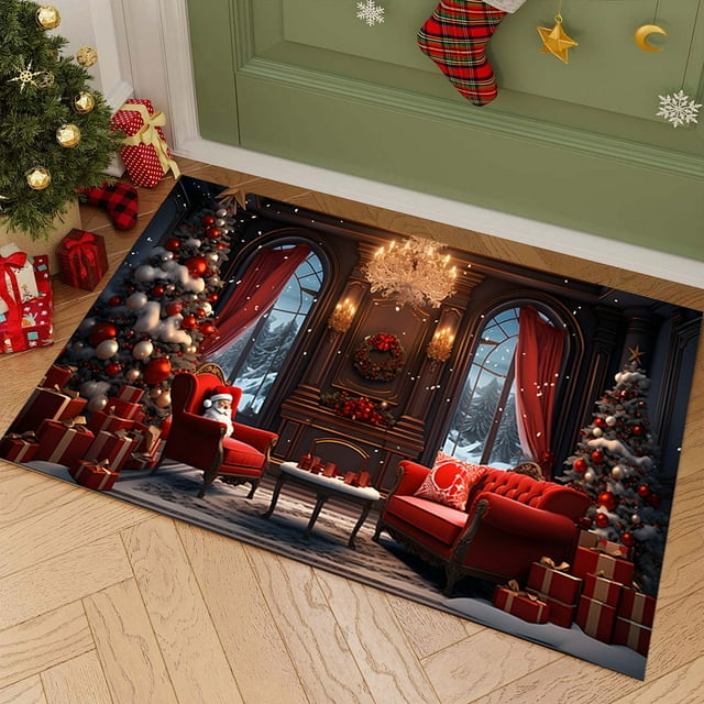 Christmas Kitchen Runner Mat, Non Slip Absorbent Floor Carpet, Holiday Decor Entryway Rug for Indoor Home, Washable Anti Fatigue Dirt Proof Door Mat for Kitchen Sink Laundry Room