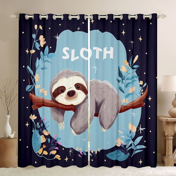 jejeloiu Cartoon Sloth Black Out Curtains,Retro Rustic Flower Curtains Pack of 2 (42x63 Each),Gray Blue Bedroom Curtains For Girls Boys,Ultra Soft Home Decor