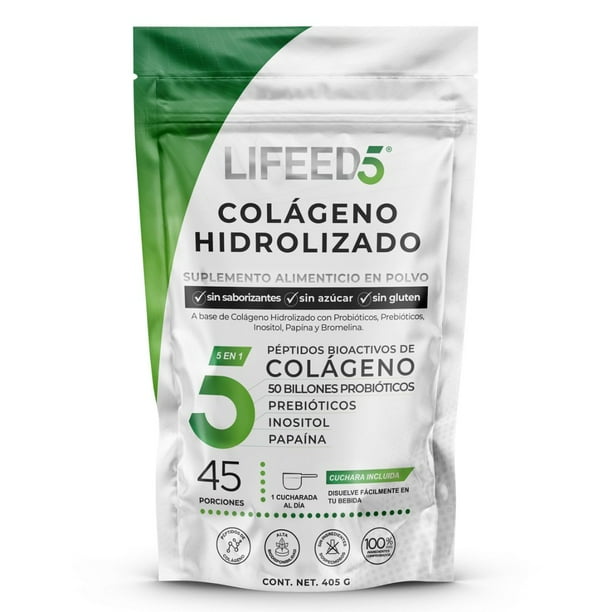 COLÁGENO Hidrolizado Lifeed5 450g con 50 Billones Probióticos y Prebióticos. LIFEED5 Enzimas Digestivas, Prebioticos y Inositol