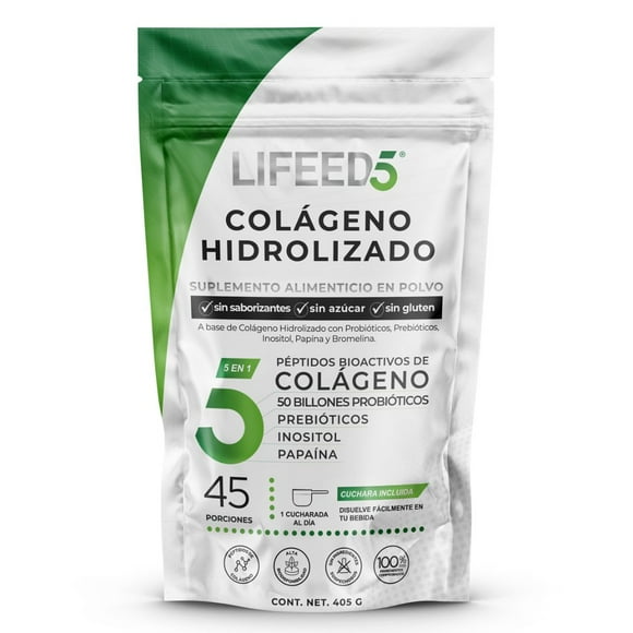 COLÁGENO Hidrolizado Lifeed5 450g con 50 Billones Probióticos y Prebióticos. LIFEED5 Enzimas Digestivas, Prebioticos y Inositol