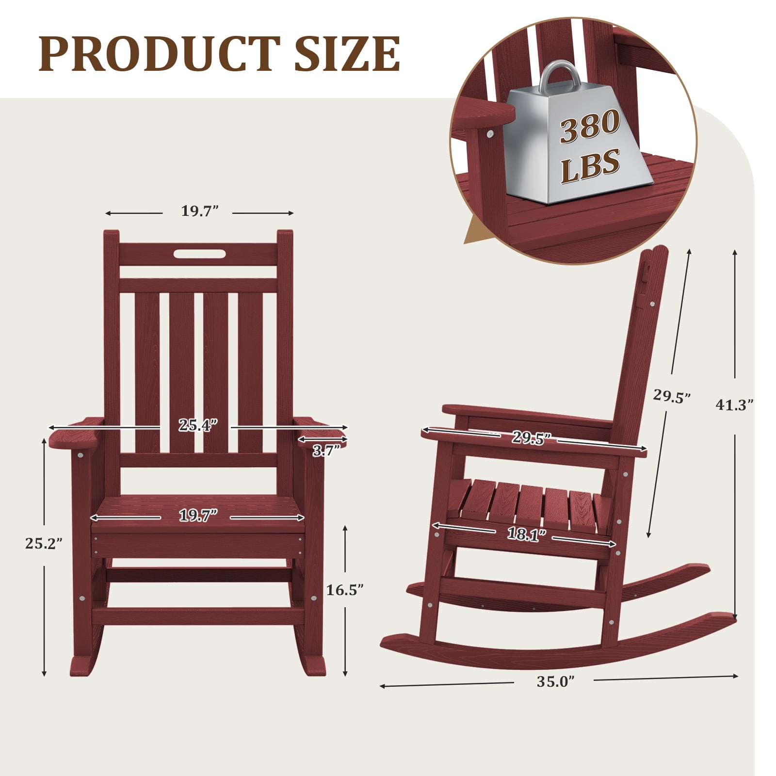 LOYALICE HDPE Outdoor Rocking Chair for Porch Patio, All-Weather High Back Rocker with Wood-Grain Texture, Heavy-Duty Deck Garden Seating, Fade-Resistant & Easy to Clean,Dark Red