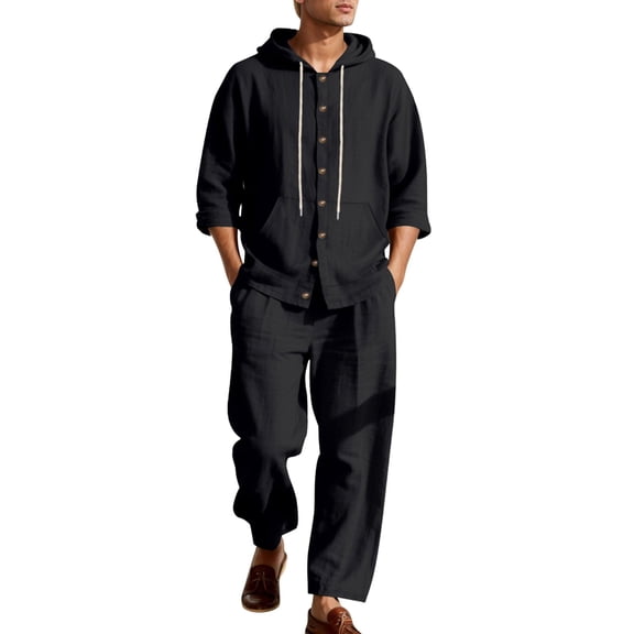 RUTAYY Men's Outfits Hooded Long Sleeve Solid Color Shirts Loose Trousers with Pocket Casual Daily Wear Travel Vacation Clothing Sets