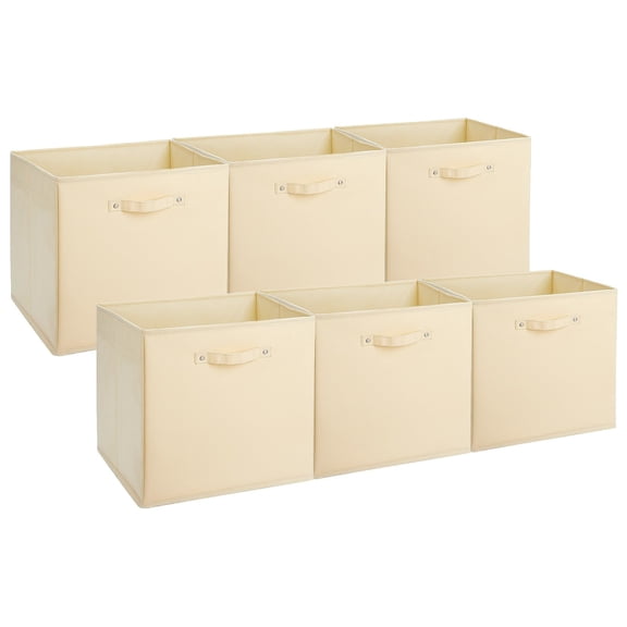 6-Pack 13 Inch Foldable Fabric Storage Bins with Faux Leather Handles, Cube Organizer Boxes for Shelves, Closet, Clothes & Toys, Beige
