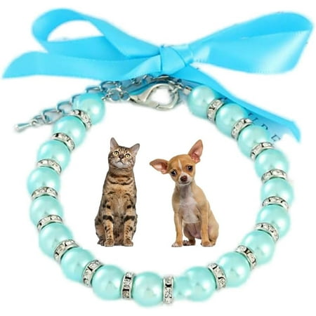 QIUYIDP Rhinestones & Pearl Dog Collar - White Pearl Cat Necklace - Beaded Bling Diamond Puppy Jewelry for XXS/XS Small Dogs & Kittens - Ideal for Chihuahua  Yorkie - Wedding Accessories (Size S)