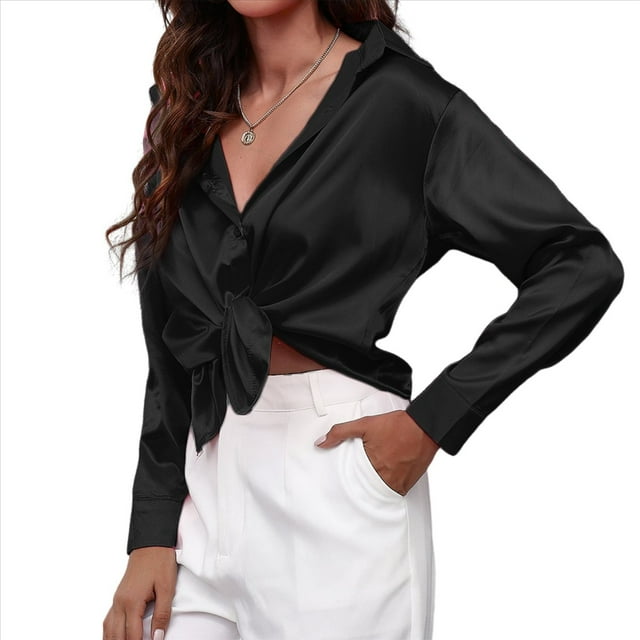 Blusas de Satén con Cuello en V y Larga para Mujer, Blusas de Seda de Verano, Moda 2025 Negro XL