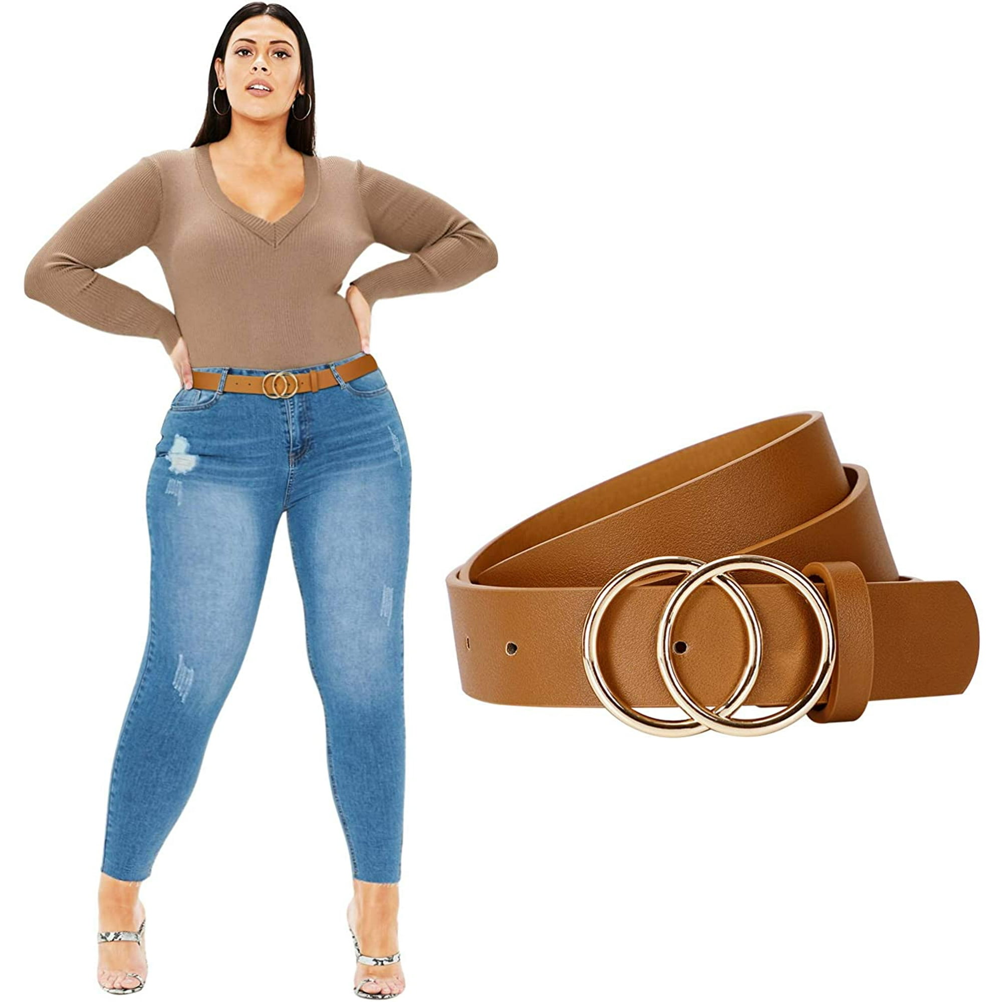 Iguohao Plus Size Double O Ring Belt For Women Leather Belt ladies Pu Leather Waist Belts For Jeans Pants Other