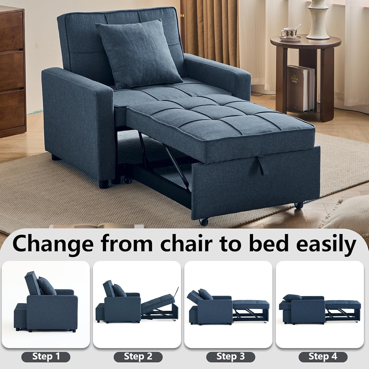 Gewnee 3-IN-1 Folding Sofa Bed Chair,Converts to Guest Bed & Office Chair,Adjustable Backrest,Wheels & Handle,Space-Saving for Apartment,Small Room,Office.Navy Blue