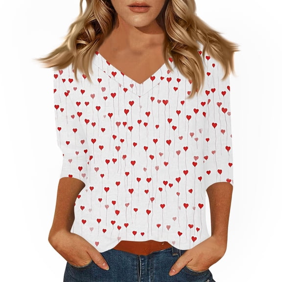 Fgvctg Valentine's Day Spring Shirts for Women Casual 3/4 Sleeve V Neck Shirt Cute Date Night Pullover Tops Loose Cute Love Heart Graphic Blouse Gifts For Her White L