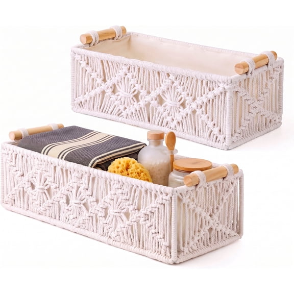 2-Pack Macrame Storage Baskets with Handles | Boho Woven Organizer Bins for Toilet Paper, Nursery, Bathroom & Closet Countertop