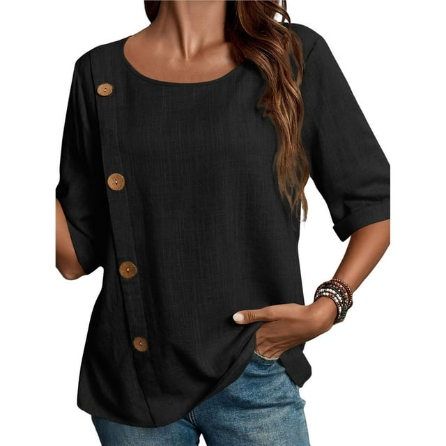 Camiseta Informal Holgada de Corta con Cuello Redondo y Botones de Algodón y para Mujer, Estilo Formal y de Trabajo Negro L