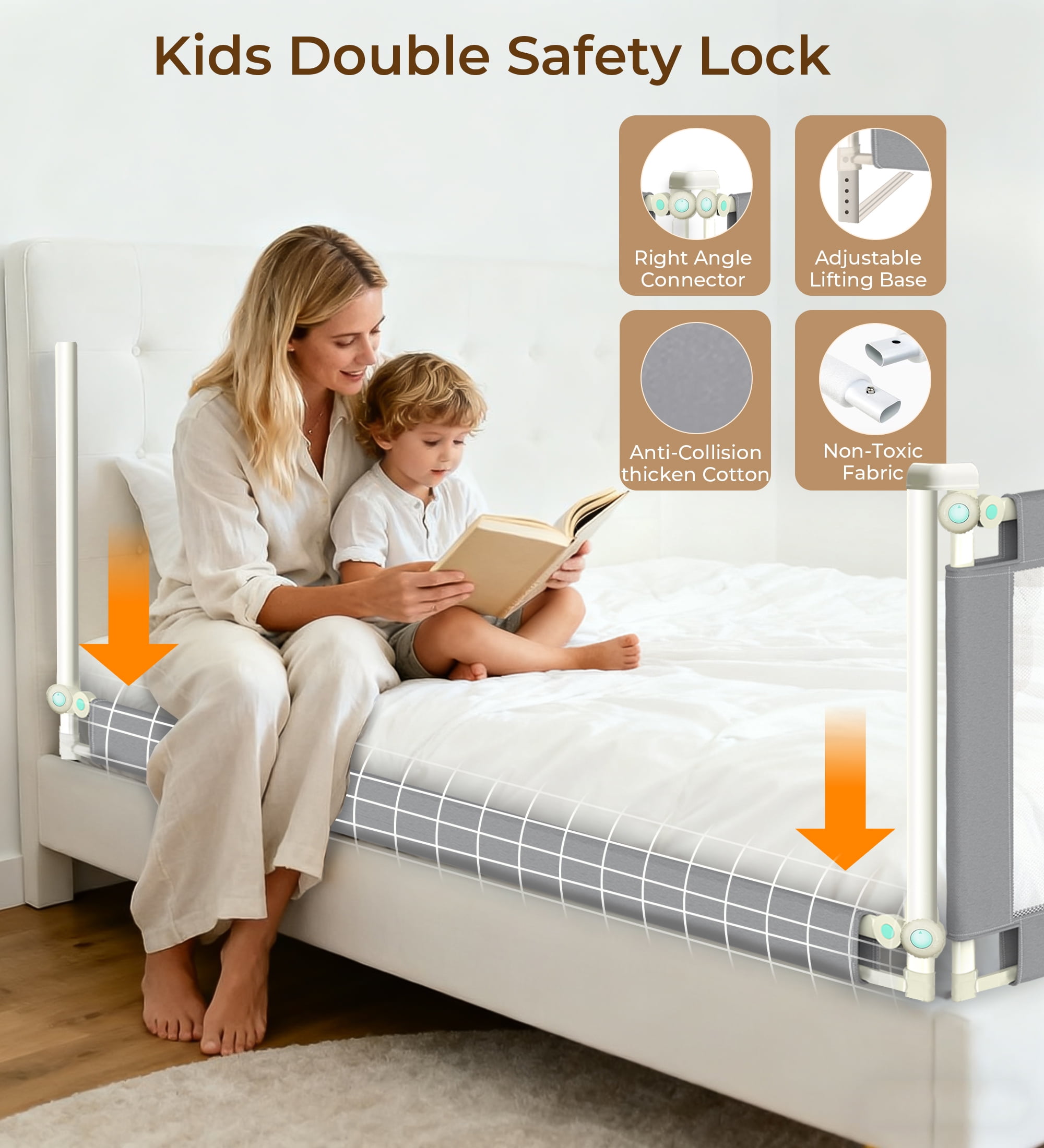 RUPOUN L-Shaped Toddler Bed Rail for Kids – Safety Guardrail, Universal Fit for Mattresses, Easy Installation, 1.5m Large Size, Gray