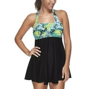 Women's Plus Size Elegant One-Piece Halter Swimdress Airy Leaf Floral Top Swimwear with Boyshort 4XL
