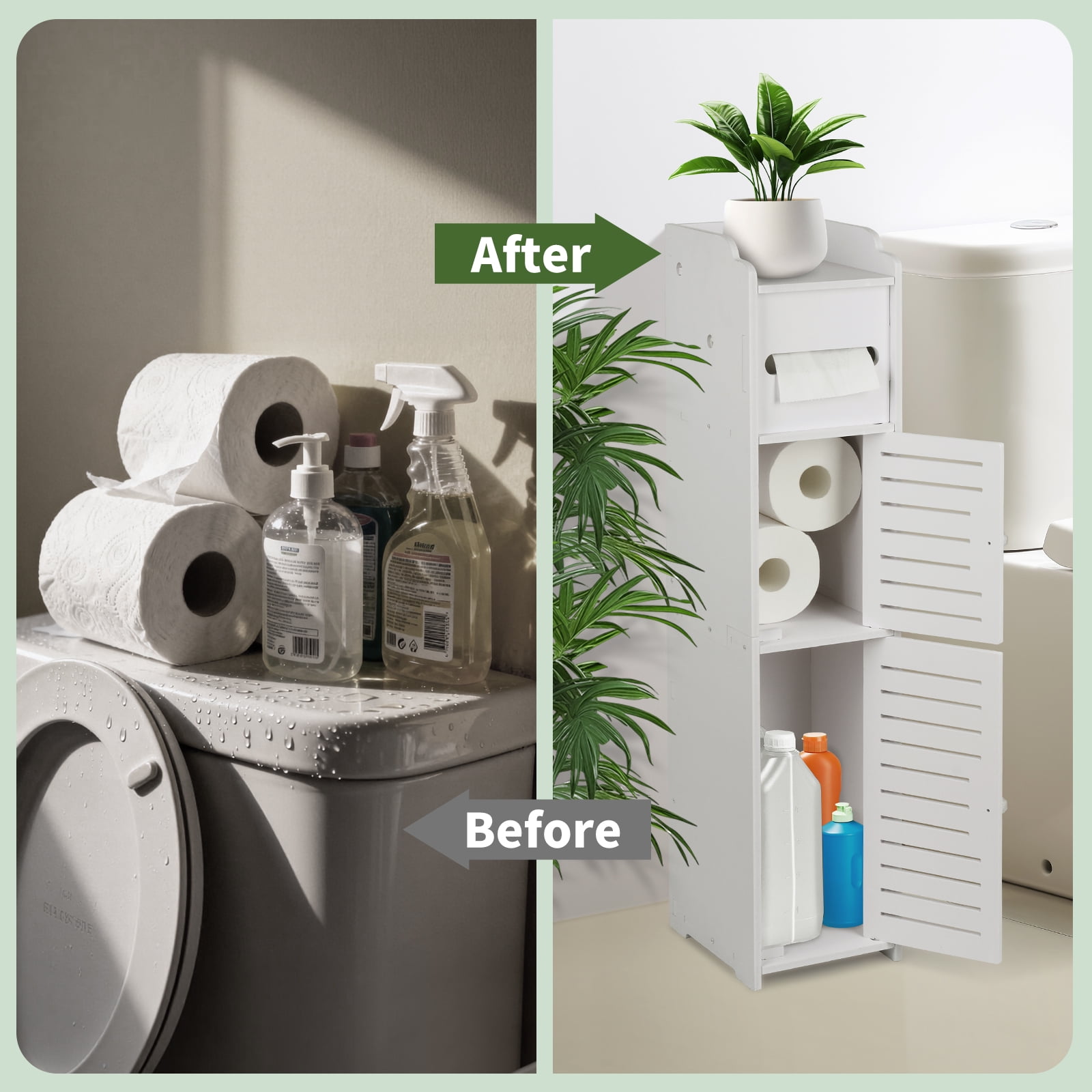 PHANCIR Toilet Paper Holder with Roll Holder, Bathroom Storage Cabinet Beside Toilet for Small Spaces, Store Mega Rolls, White