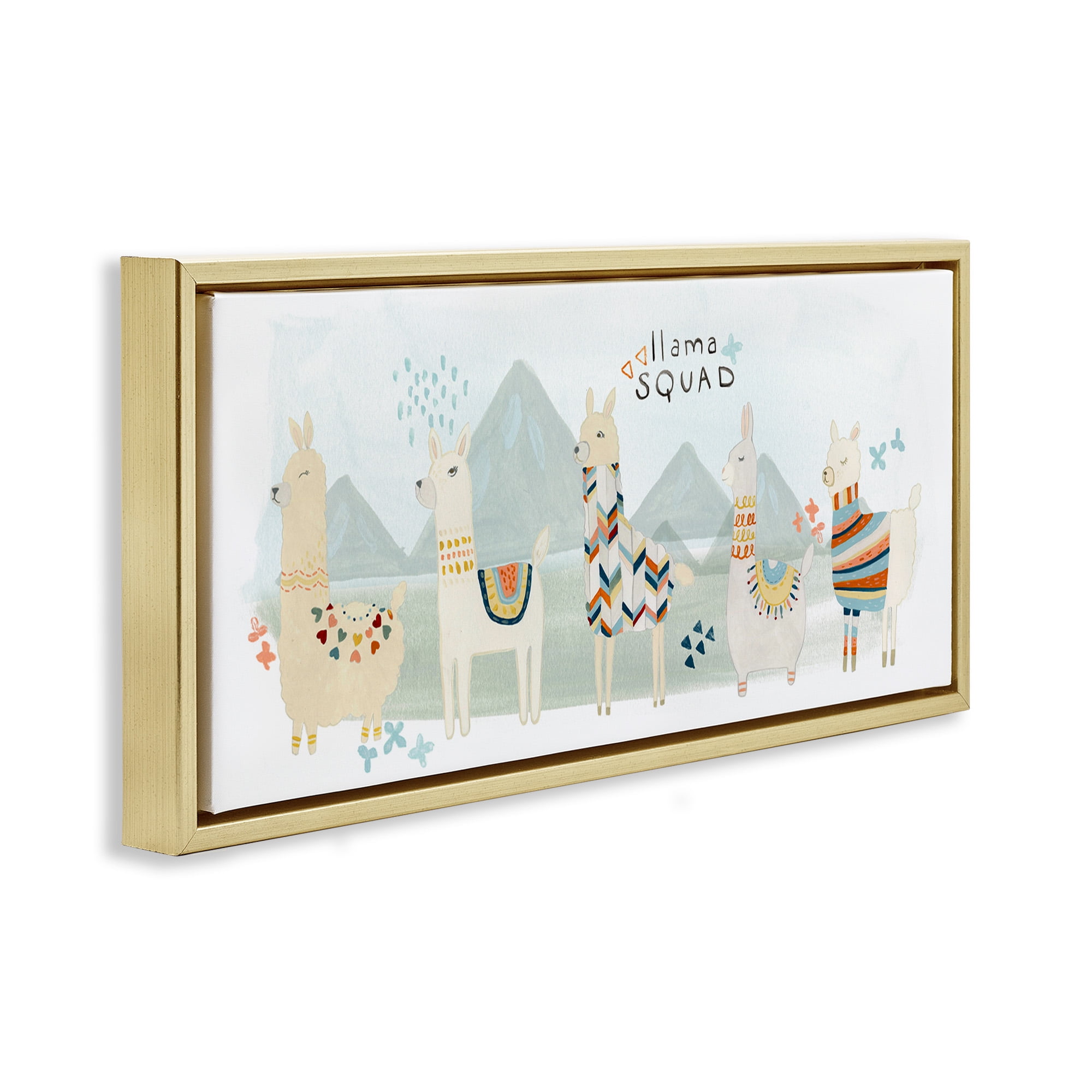 Stupell Industries Llama Squad Whimsical Patterns Animals & Insects Painting Gold Floater Framed Canvas Art Print Wall Art, 31 x 14