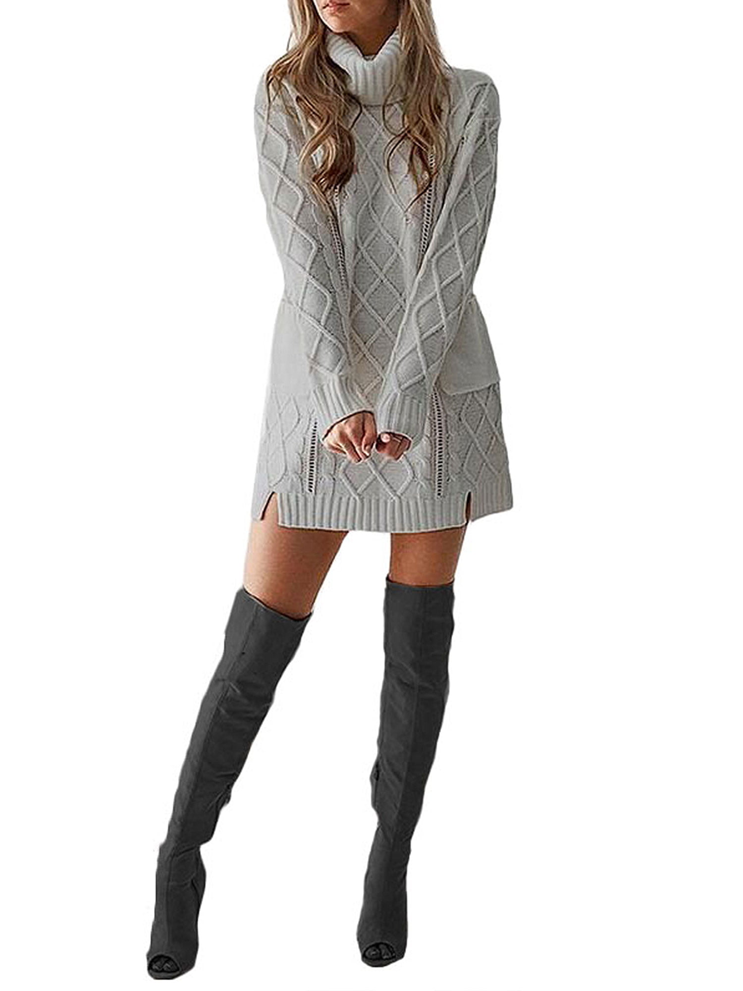 Women Long Sleeve Chunky Knitted Fluffy Mini Sweater Jumper Dress Top Sweatshirt