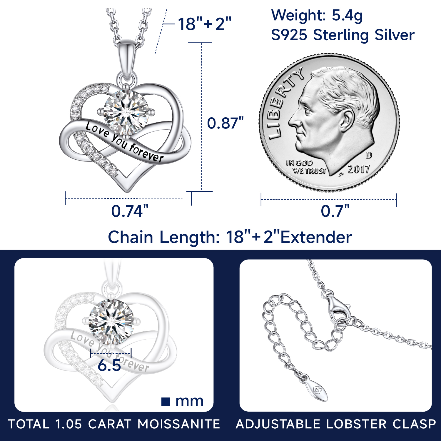 MomentWish Infinity Heart Pendant Necklace for Women 1 Carat Simulated Diamond Necklace Valentines Anniversary Graduation Gifts for Her