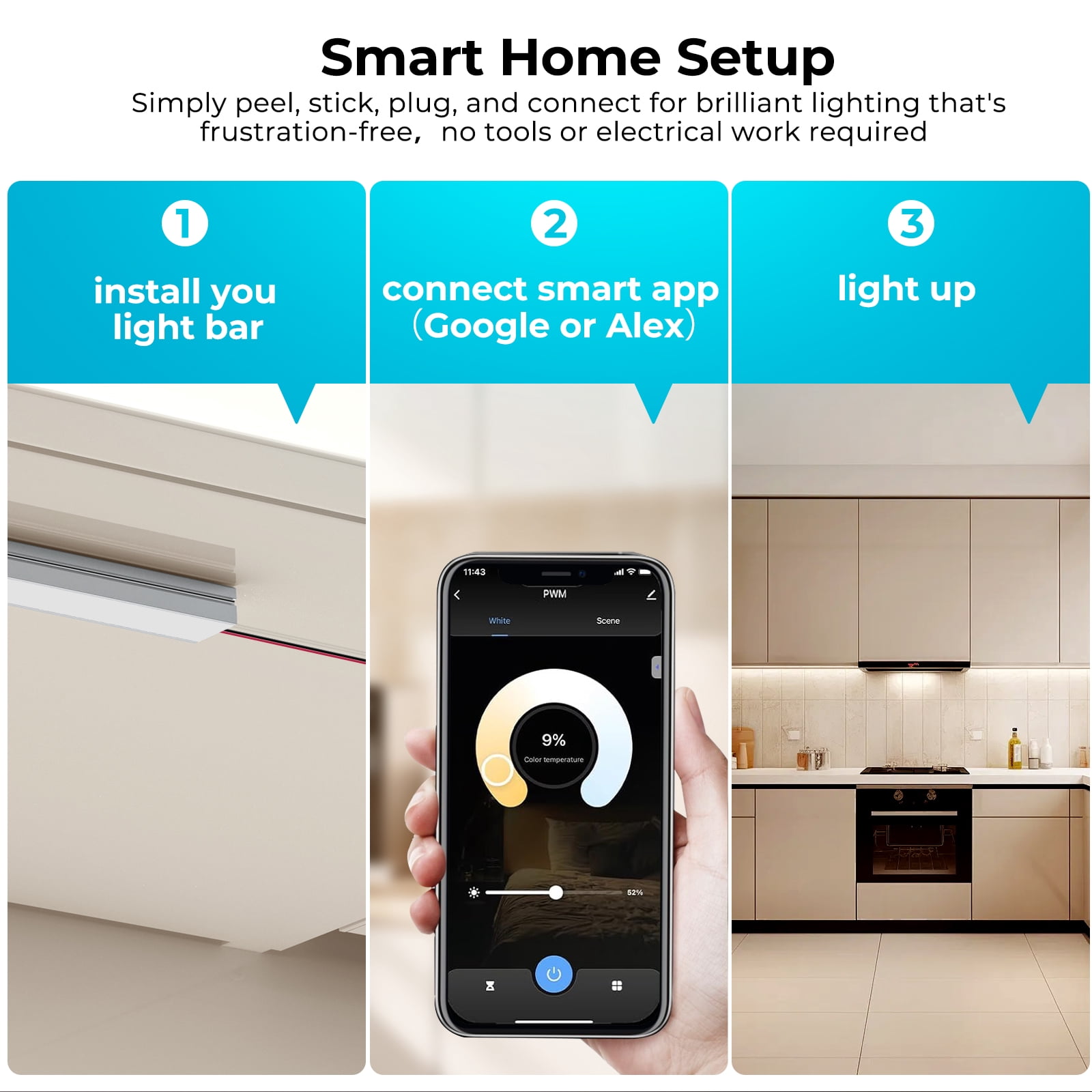 VST Smart Under Cabinet Lighting, UL Listed CRI 93+ CCT COB Strip Lights Alexa & Google Compatible APP Remote, Handwave and Voice Control Under Counter Lights for Kitchen Cabinet Closets (6 Bars)