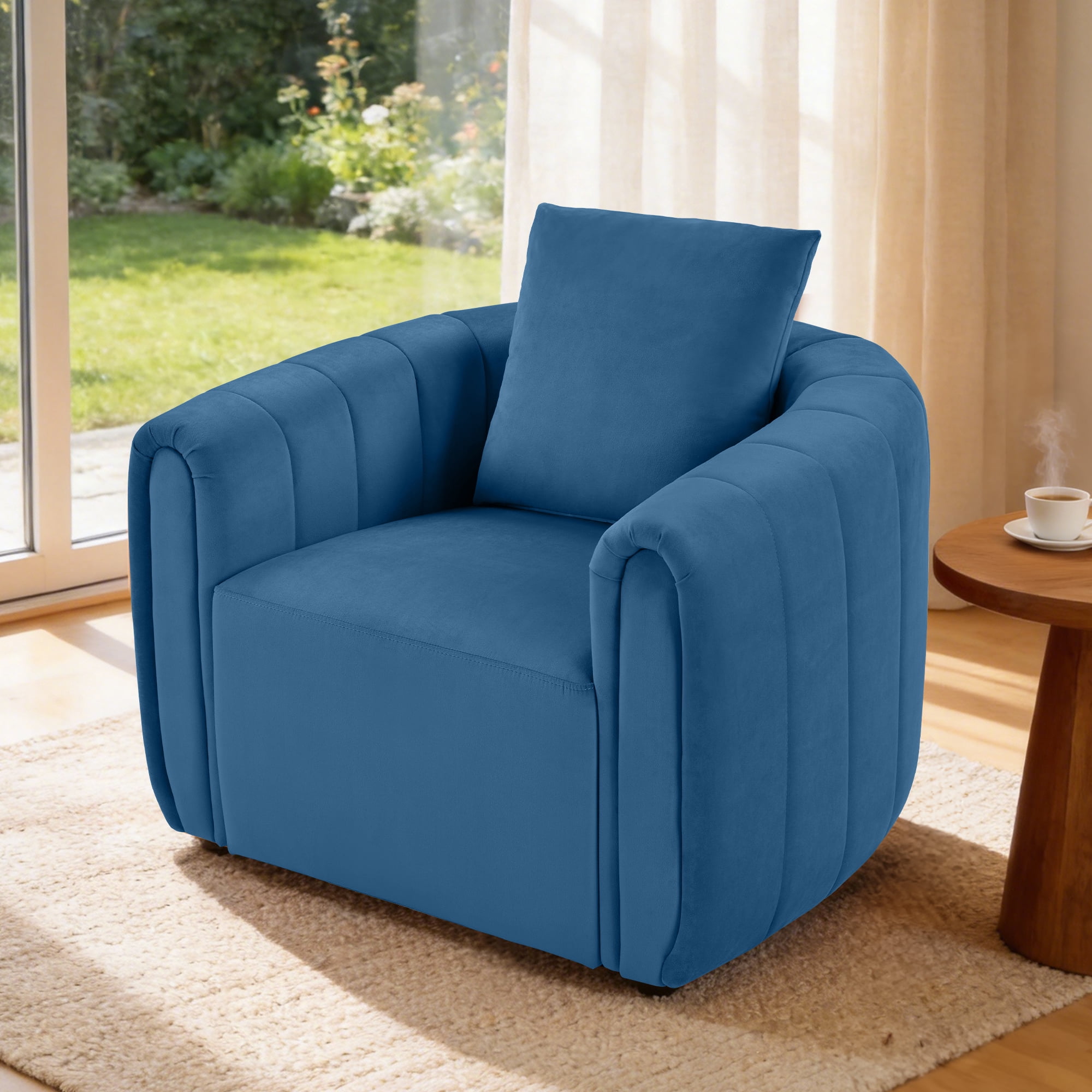 Ebello  Swivel Accent Chair, Modern Velvet Living Room Chair with Pillow, Barrel Chair for Bedroom & Reading Corner (Blue，1 Pack，Fully Assembled )