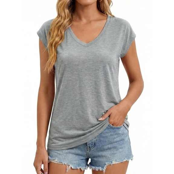Gingprous Womens V-Neck Cap Sleeve T-Shirt Casual Loose Fit Basic Tee Summer Top