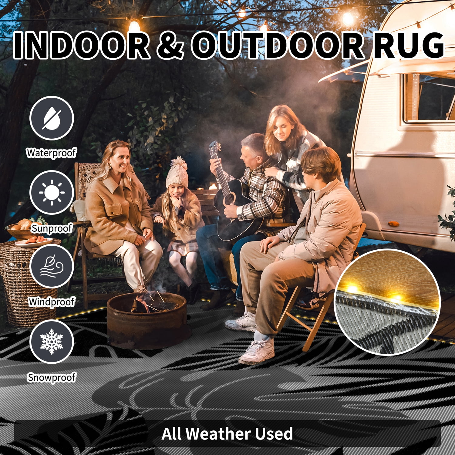 VUNATE Outdoor Rug with LED Strip Lights 10'x14' Waterproof Reversible Patio Rug Plastic Straw Lightweight Indoor Outdoor Rug for RV Camping Deck Balcony Tropical Porch Decor Dark Gray and Black