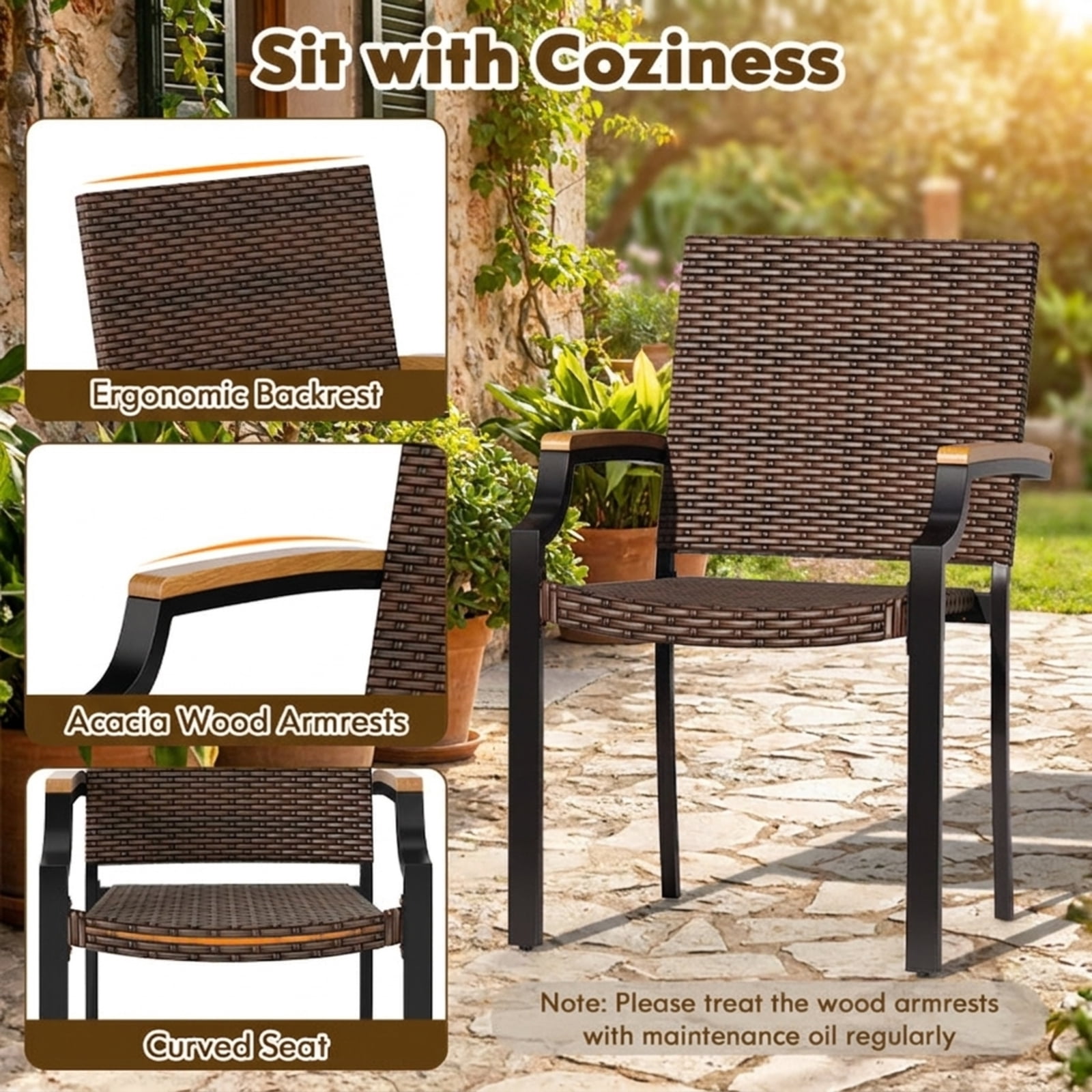 Biotree Outdoor Dining Chairs Set of 2 Stacking PE Wicker Patio Rattan Dining Chairs with Acacia Wood Armrests for Garden Backyard, Mix Brown