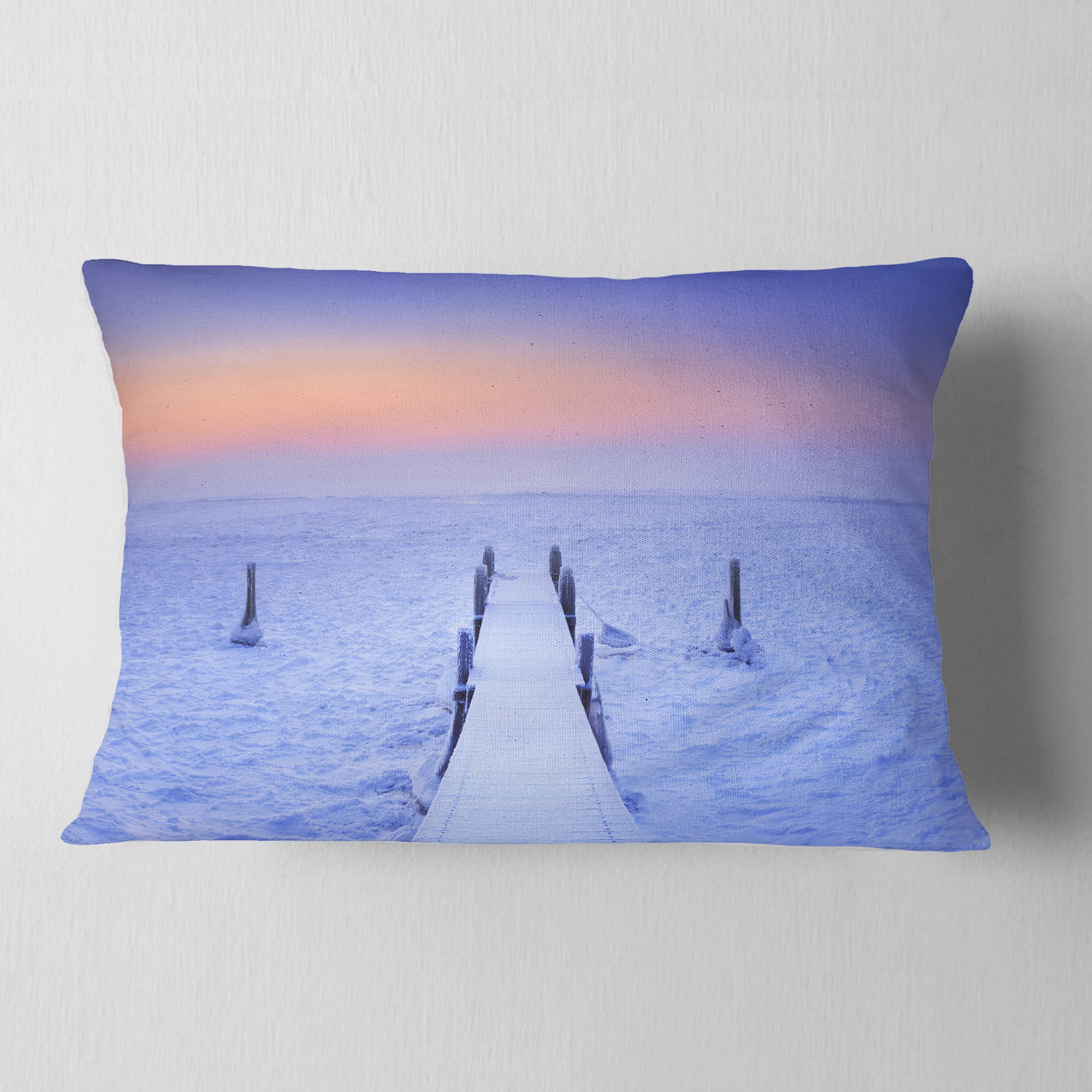 Designart Jetty in Frozen Lake Netherlands - Wooden Sea Bridge Throw Pillow - 12x20