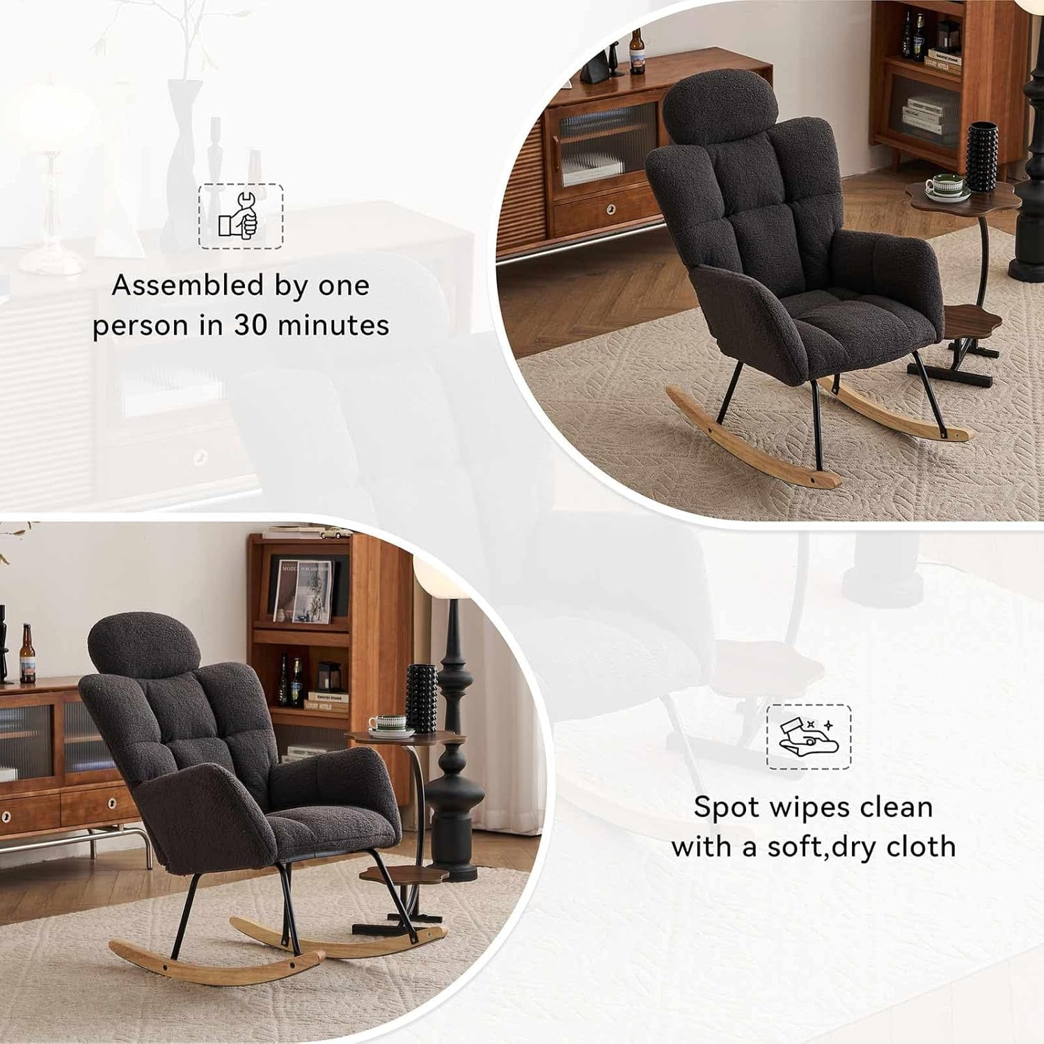 Nursery Rocking Chair - Teddy Fabric Upholstered Glider Rocking Chair with High Backrest & Pillow for Living Room & Bedroom - Easy Assembly Wood/Metal Base (Ivory)