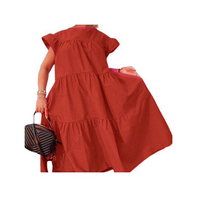 Wangsaura Women Temperament Loose Mid-length Dress, Solid Round Collar Fly Sleeve Ruffle Layered Flowy Skirt Beachwear