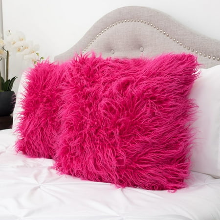Mongolian Long Hair Faux Fur Decorative Throw Pillow Pair 18