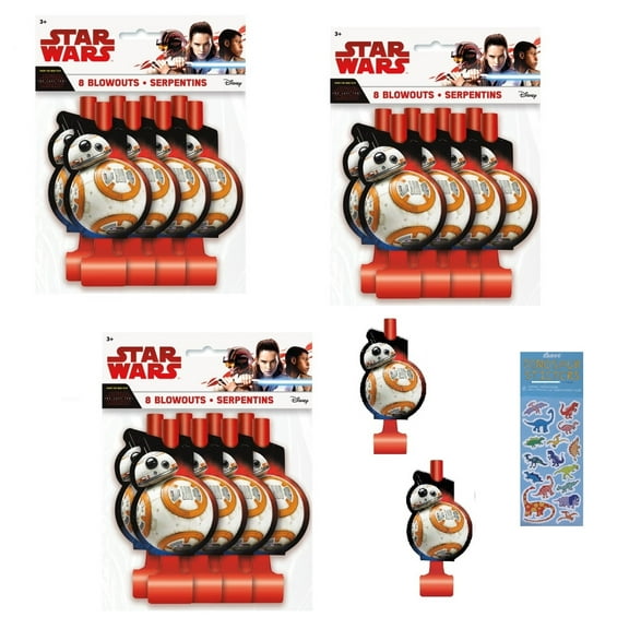 Star Wars Birthday Party Supplies Bundle include 24 Party Blowouts and 1 Dinosaur Sticker Sheet