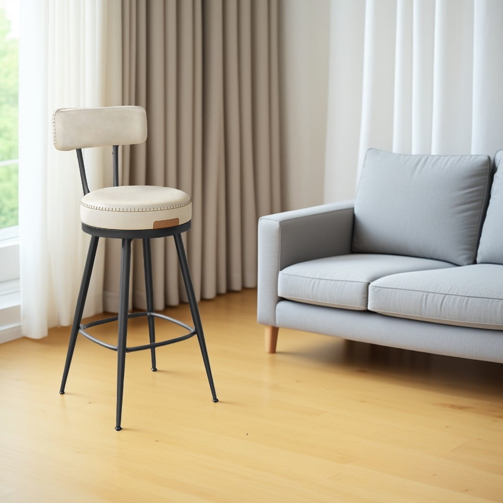 LEDREM Set of 2 Swivel Bar Stools, 25.6-Inch Counter Height Stools with Backrest & Synthetic Leather, Mid-Century Modern, Cream White