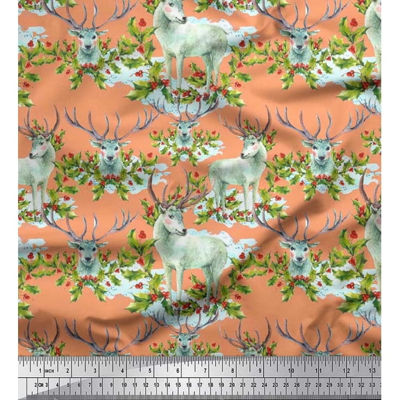 Soimoi Japan Crepe Satin Fabric Red Berries,Holly Leaves & Reindeer Animal Printed Craft Fabric by the Yard 42 Inch Wide
