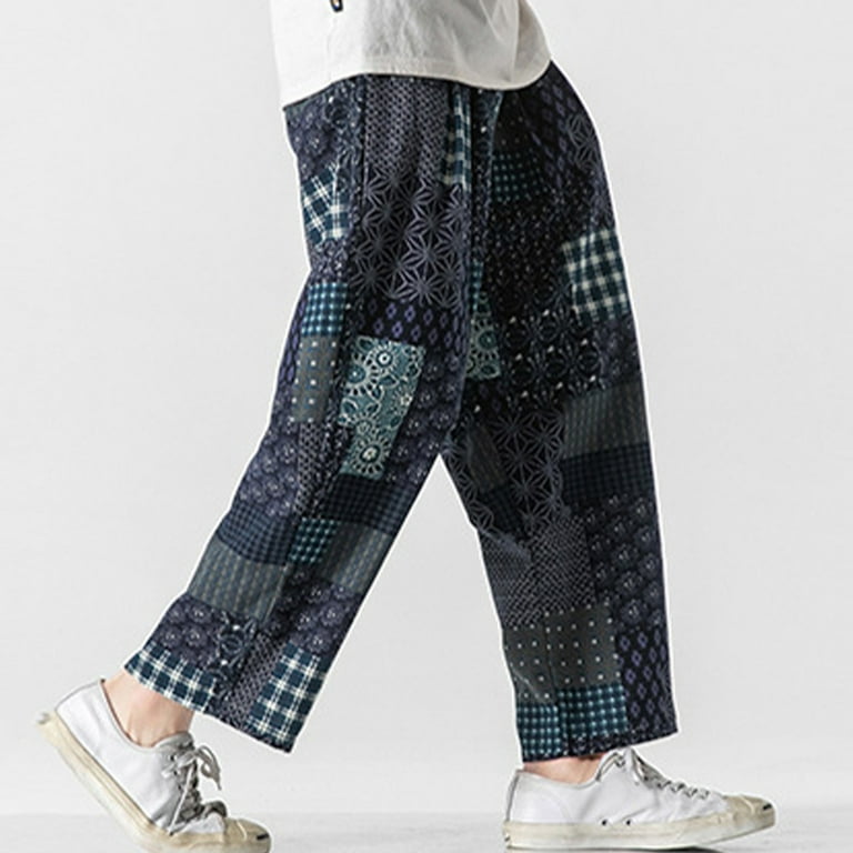 Men's Casual Loose Plaid Linen Pants Summer Cotton Beach Harem