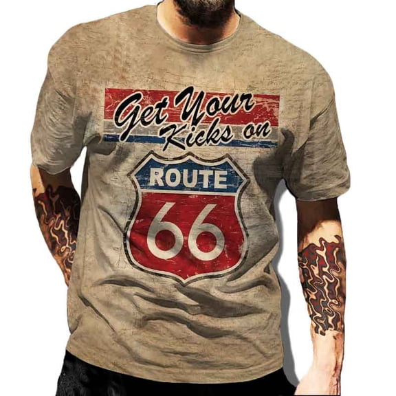 Men's Vintage Route 66 Print T-shirt, Plus Size, Casual Hip-Hop Style for Spring and Summer TX-040207 EU:XL