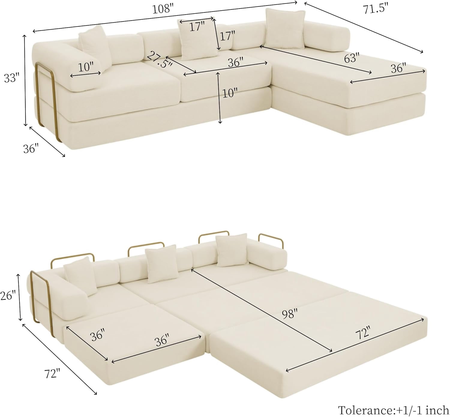 Ywen 108" Modular Sectional Sofa, Futon Convertible Sofa Bed,Oversized Corduroy Boneless Couch for Living Room,Floor Loveseat Sleeper with Pull Out Bed,Free Combination,No Assembly Required (Beige)