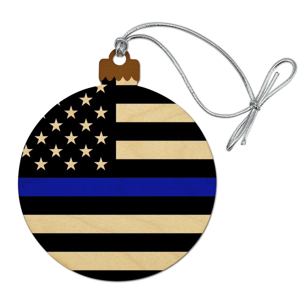 Thin Blue Line American Flag Wood Christmas Tree Holiday Ornament