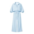 thumbnail image 5 of BRELIL Women Plus Size Two Piece Set Striped Collared Long Sleeve Shirt Wide Leg Pants Loose Boho Vacation Casual Travel Outfits Tracksuit, Light Blue S, 5 of 9