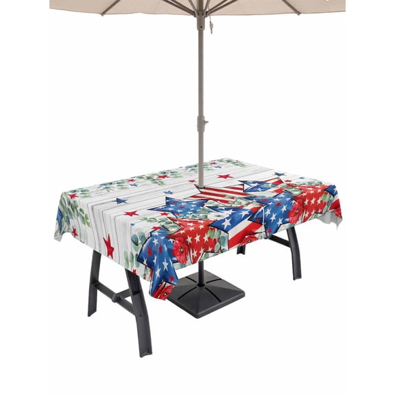 Rectangle Outdoor Tablecloth With Umbrella Hole And Zipper– Patriotic Striped Stars 4th of July Waterproof Patio Table Cover for Party, Picnic, Backyard, 60"x120" , Red White and Blue Farmhouse