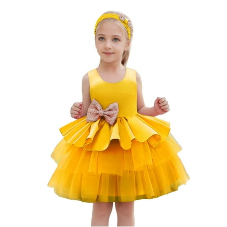 LUOGENLI Dress for Girls Children s Full Moon Dress Girls Cake Dress Children s Birthday First Birthday Dress Dress Girls Easter Dresses Size 5-6 Girls Easter Dress Size 10-12 Graduation Yellow 120