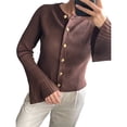 thumbnail image 2 of Suéter de Cuello Redondo Acanalado para Mujer, Camisa de Punto Acampanada de Larga con Botones y Abertura Frontal, Conjunto de Otoño Marrón L, 2 of 6