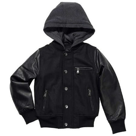 Urban Republic Boy's Novelty Varsity Leather Hooded Jacket (Medium (10/12), Black)