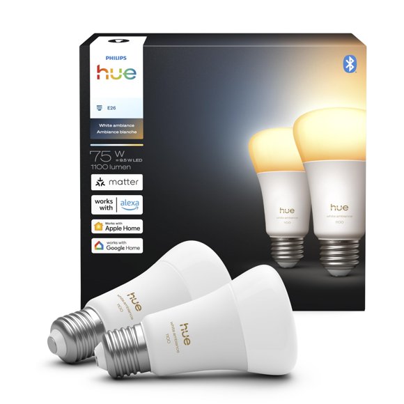 Bombilla LED inteligente Philips Hue A19 White Ambiance, 9,5 W, 1100 lm, paquete de 2