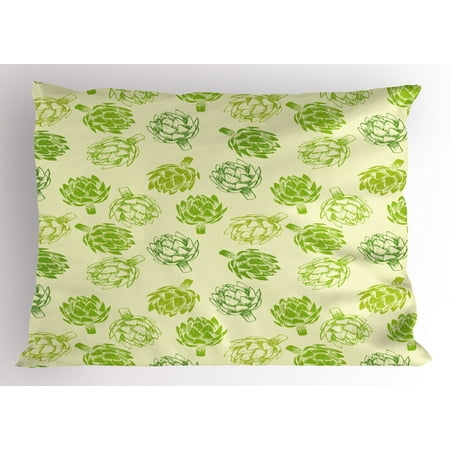 Artichoke Pillow Sham Hand Drawn Fresh Vegetable Sketch Tasty Natural Food Organic Eats Artwork Print, Decorative Standard Queen Size Printed Pillowcase, 30 X 20 Inches, Lime Green, by
