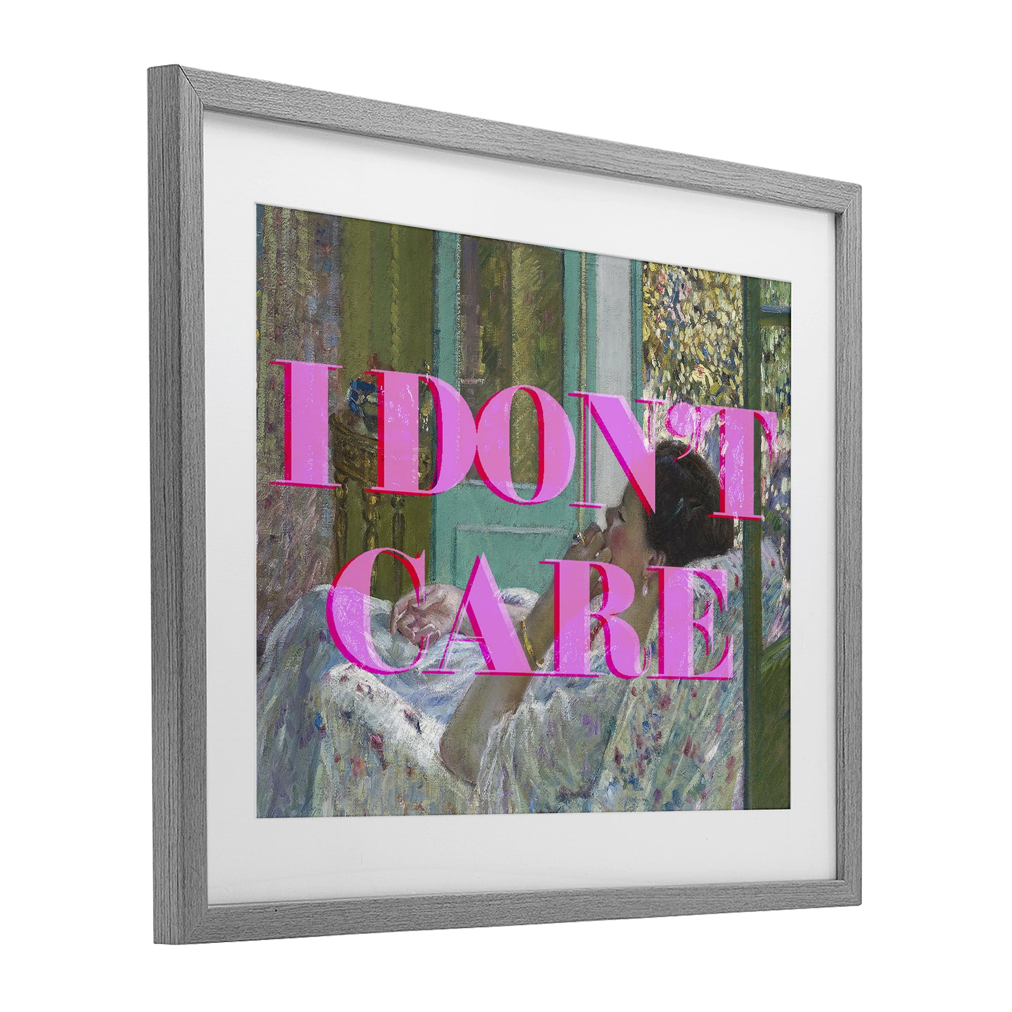 I Don't Care over Classic Painting Gray Framed Print Under Glass, design by Lil' Rue