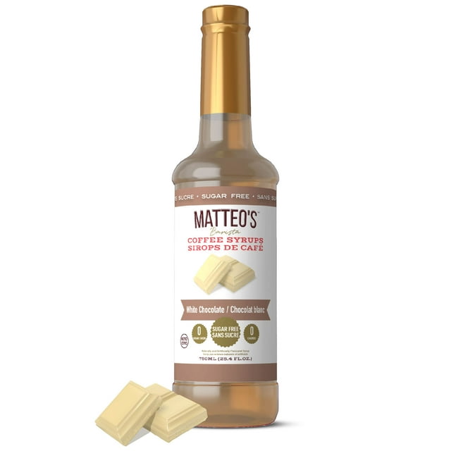 Matteo's Sugar Free Coffee Syrup, White Chocolate, 750mL, 0 Calories, 0 Sugar, (Single Bottle)
