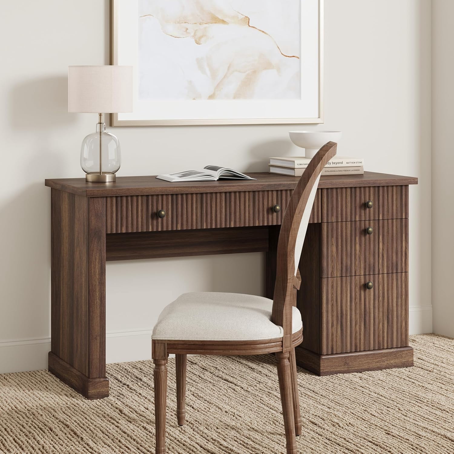 Fluted Home Office Desk Storage, 54 in Modern Executive Desk with Charging Station, Wooden Computer Writing Desk with File Cabinet & Drawers for Study Room (Brown, 54.0"L x 21.6 in D x 30.0"H)