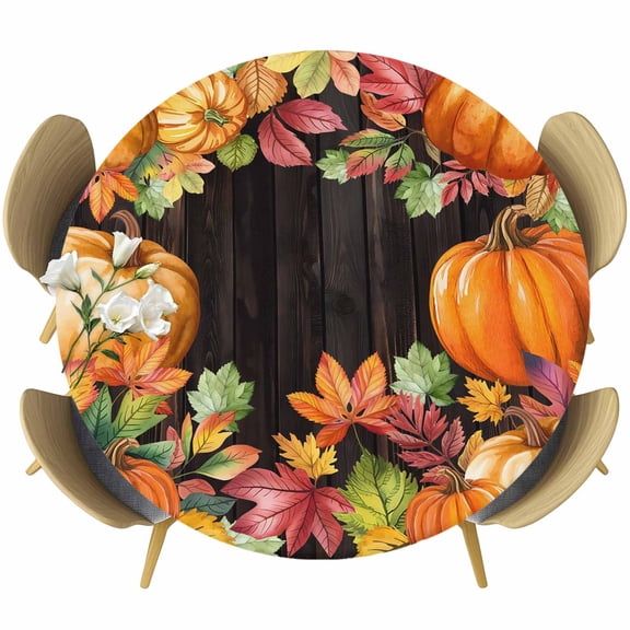 Orange Pumpkins Round Tablecloth, Fitted Table Cover with Elastic for 36"-44" Round Tables, Farmhouse Botanical Leaves Wooden Vintage Table Cloth Outdoor Indoor Dinning Party Waterproof Tablecloths