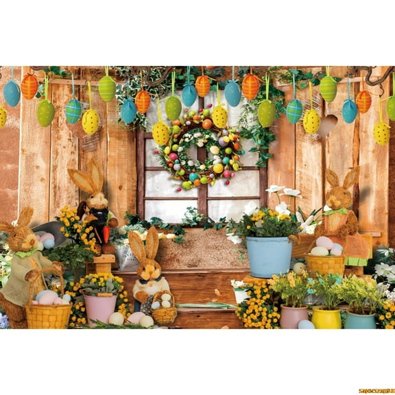 Spring Easter Backdrop for Photography02 Rabbit Colorful Eggs Flower Wood Wall Baby Shower Easter's Day Background Photoshoot