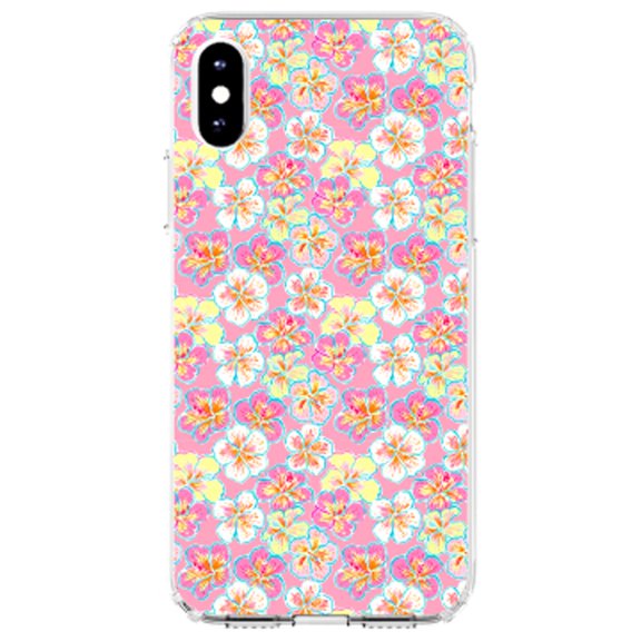 DistinctInk Clear Shockproof Hybrid Case for iPhone XS Max (6.5" Screen) - TPU Bumper, Acrylic Back, Tempered Glass Screen Protector - Preppy Pattern - Yellow White Pink Flowers Floral